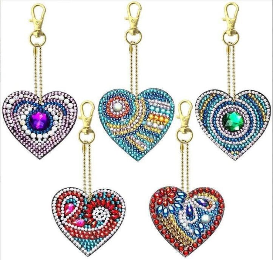 5 Pcs 5D DIY Heart Diamond Painting Kit Keyrings Keychains Kit Double Sided Rhin