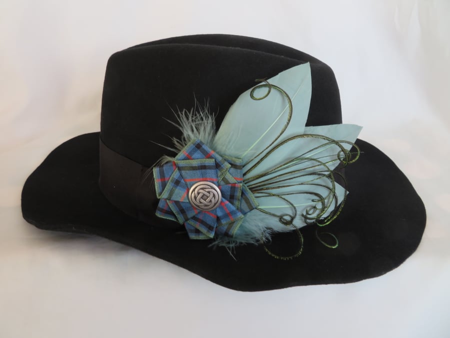 Flower of Scotland Tartan Ruffle Celtic Button Sage Green Feather Hat Hair Clip