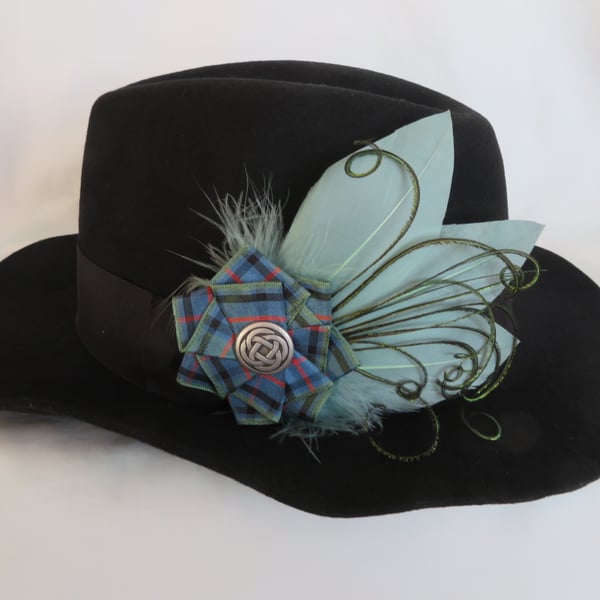Flower of Scotland Tartan Ruffle Celtic Button Sage Green Feather Hat Hair Clip
