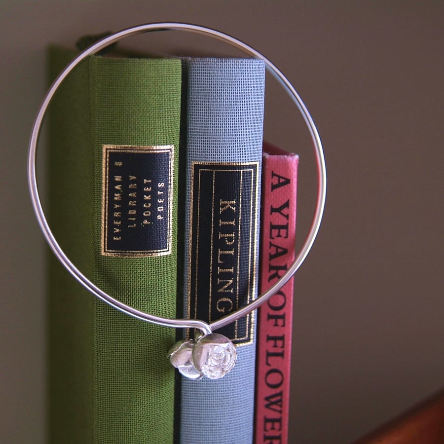 Peony Bangle, Entwined Flowers Bracelet, Sterling Silver Bangle