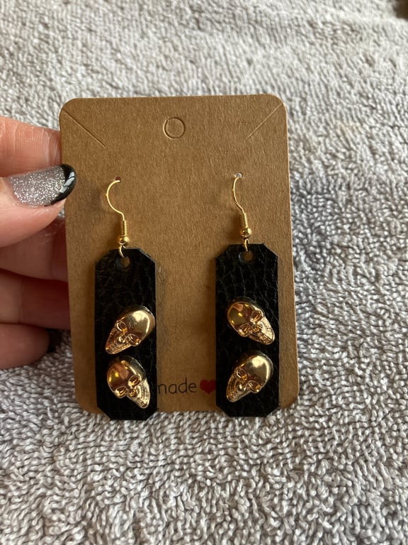 Pair Black Leather Earrings with 2 Gold coloured Skull Heads