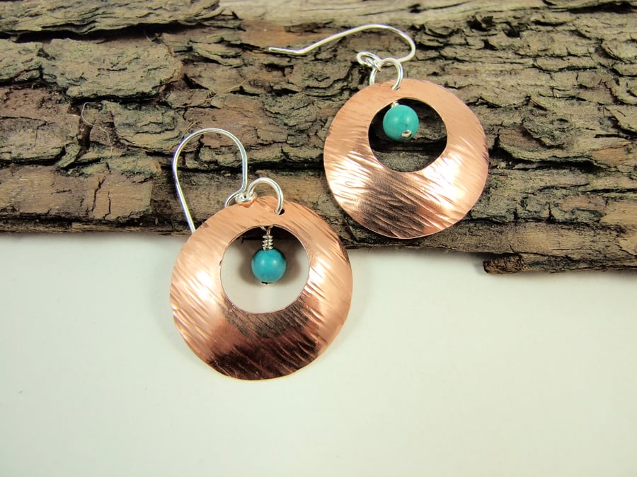 Earrings, Sterling Silver, Turquoise and Hammered Copper