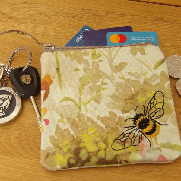 Lovely Bee embroidered zipped and lined purse 