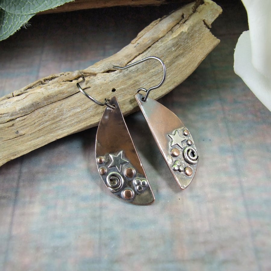 Earrings, Sterling Silver and Copper Moon, Star & Galaxy Dropper Earrings
