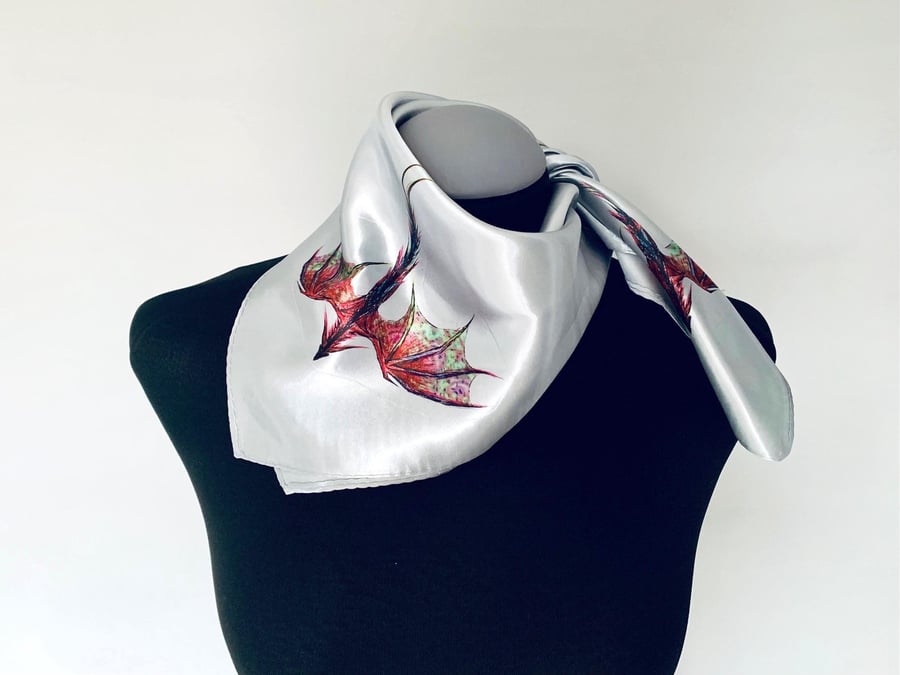 Dragon Scarf - Magical Dragons Print on Square Satin Silk Scarf