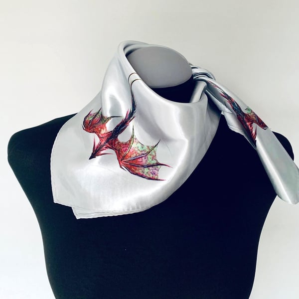 Dragon Scarf - Magical Dragons Print on Square Satin Silk Scarf