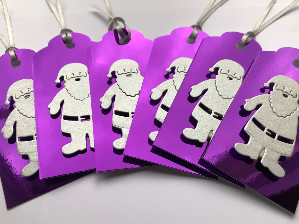 Handmade Purple Christmas Gift Tags, Silver Santa, Set of 6