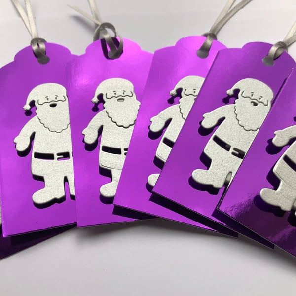 Handmade Purple Christmas Gift Tags, Silver Santa, Set of 6