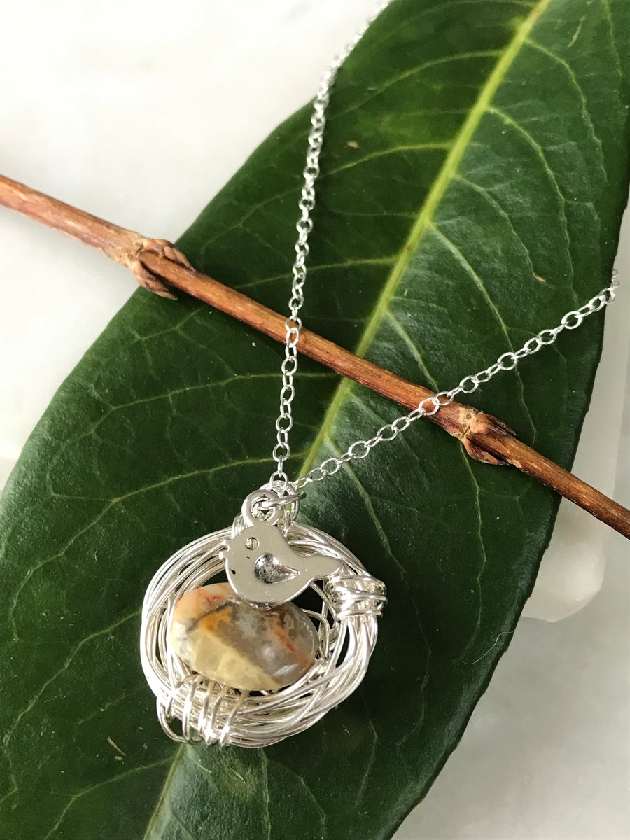SALE Handmade birds nest necklace, crazy lace semi precious bead