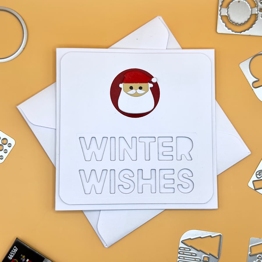 Handmade Winter Wishes Christmas Card, Festive Santa Design, White Square Card