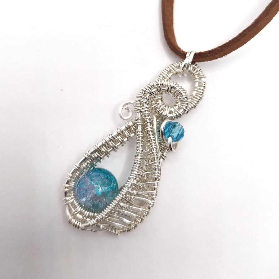 Wire Wrapped Pendant with Blue-Green Beads