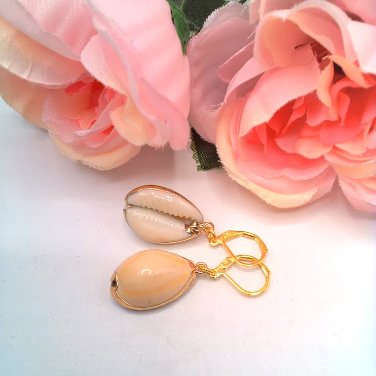 Gold Plated Earrings with a Cream Cowrie Shell with Gold Edging, Gift for Her