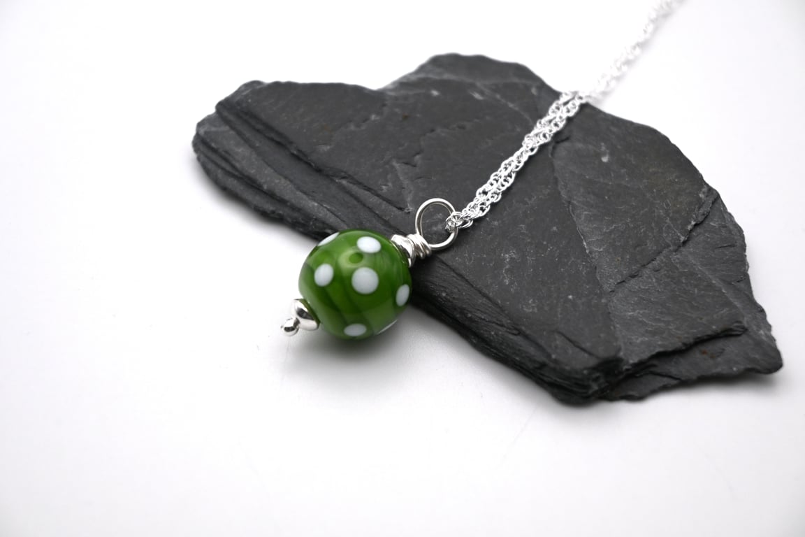 lampwork glass green polka dot pendant necklace