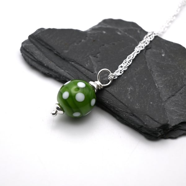 lampwork glass green polka dot pendant necklace