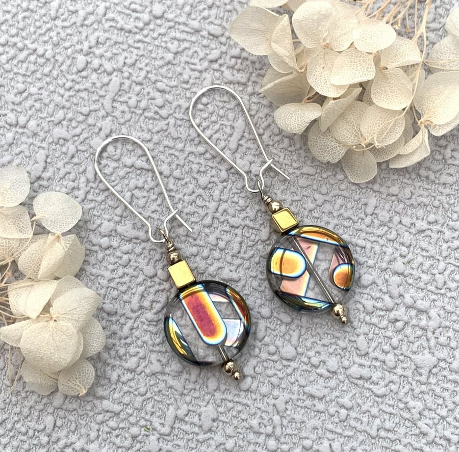 Czech Glass Patterned Disk Drop Earrings