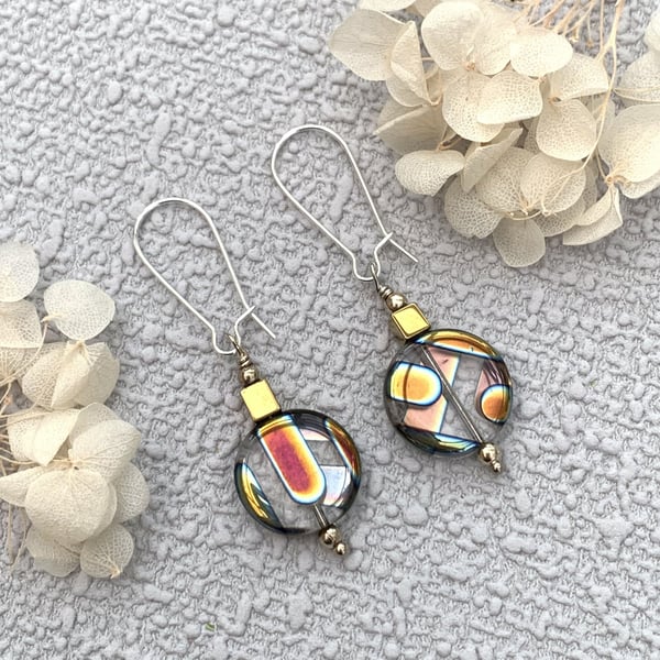 Czech Glass Patterned Disk Drop Earrings