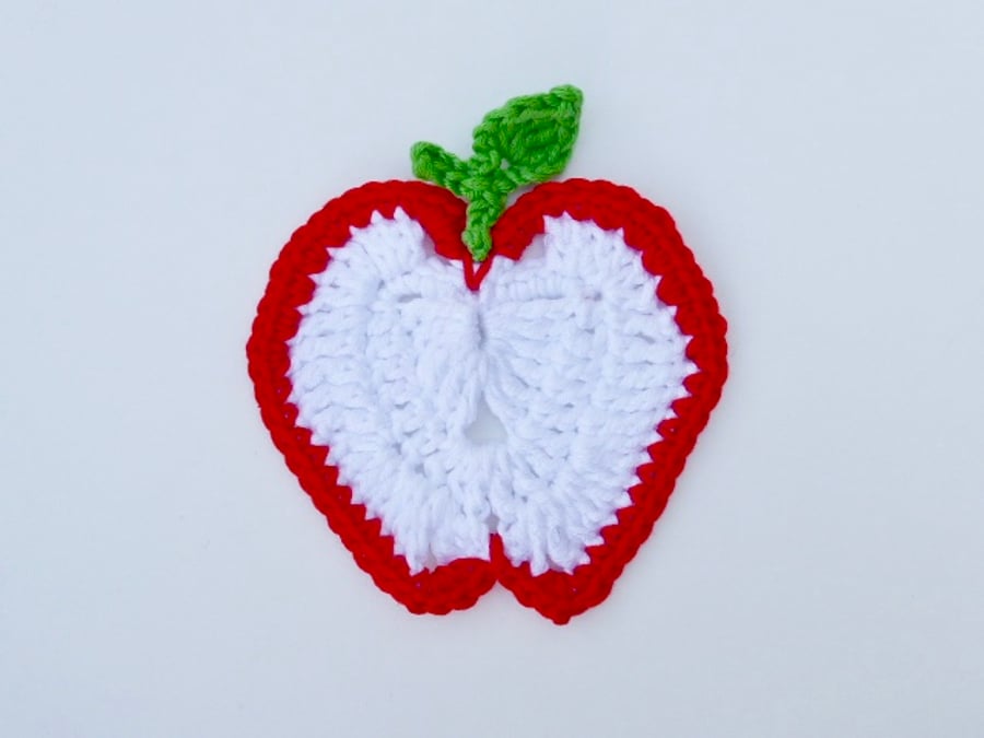 Apple coaster, crochet appliqué 