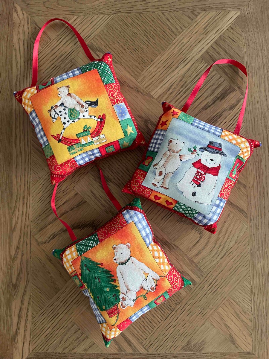 Set of 3 Handmade Mini Cushion Christmas Hangers featuring cute teddies