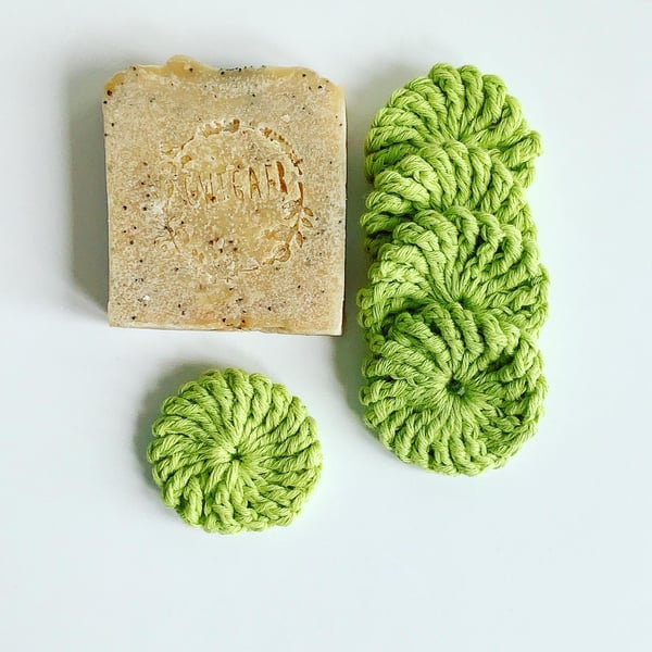 Crochet face scrubbies, pack of five, lime green organic cotton pads