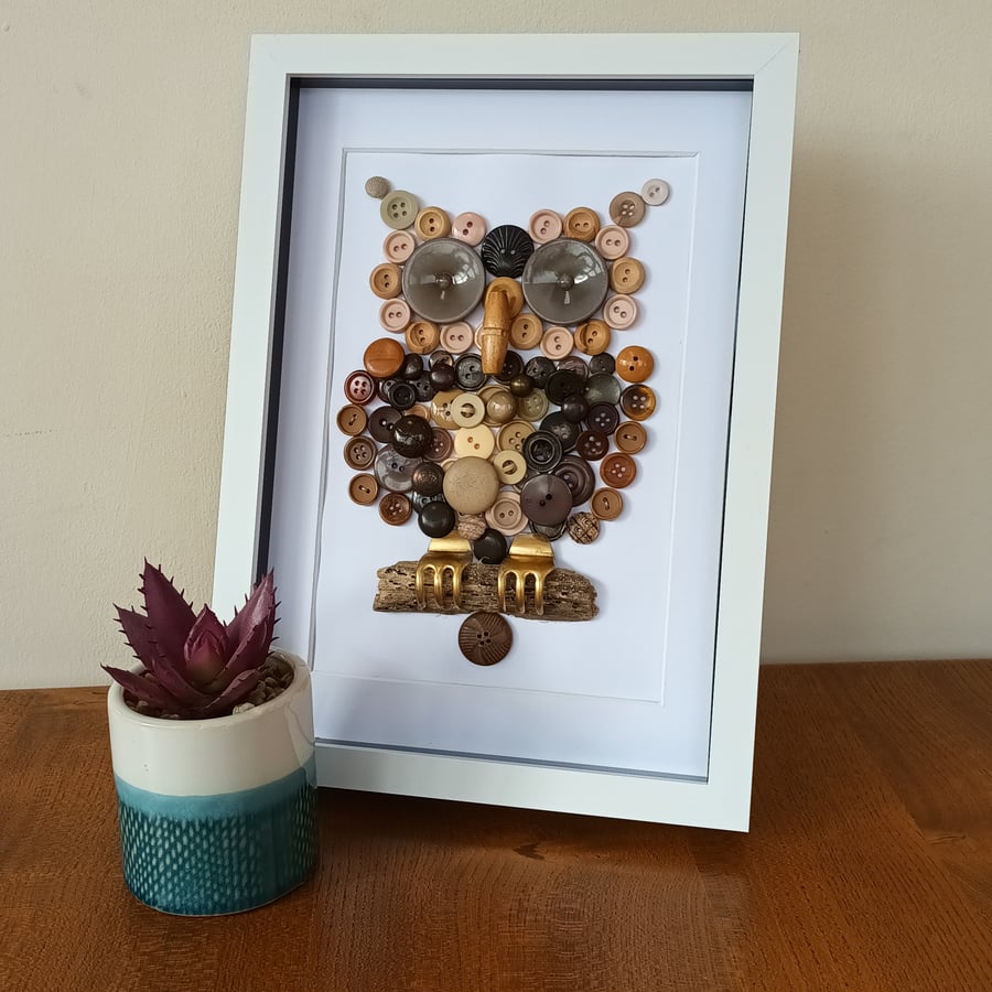 Wise Brown Owl Button Framed Art  A4 Recycled Materials