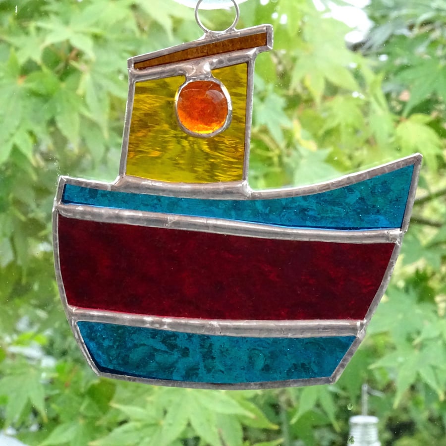 Stained Glass Tug Boat Suncatcher