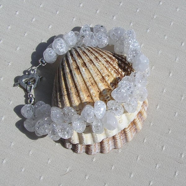 White Crackled Quartz Crystal Gemstone Bracelet "White Mist"