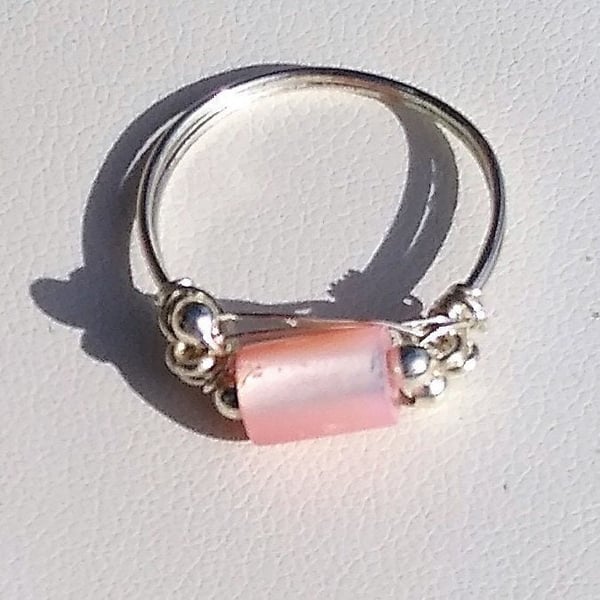 Handmade Pastel Pink Shell Silver Plated Wire Wrapped Ring Size P (size 56)