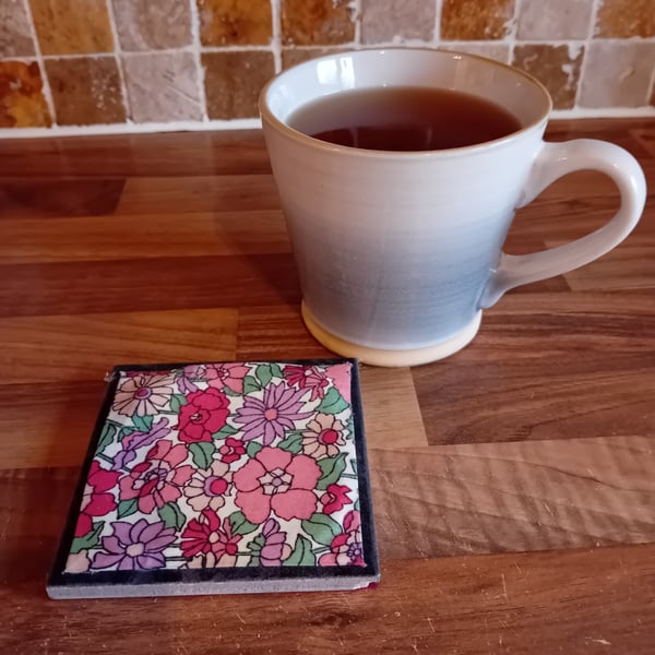 Fabulous Flowers (Dark Grey) - Ceramic Tile Coaster Perfectly Imperfect