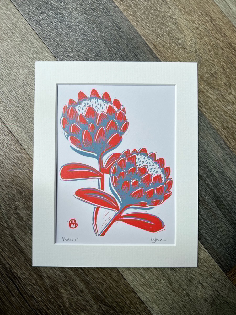 Proteas Handmade Original Lino Print Coral Red Mounted