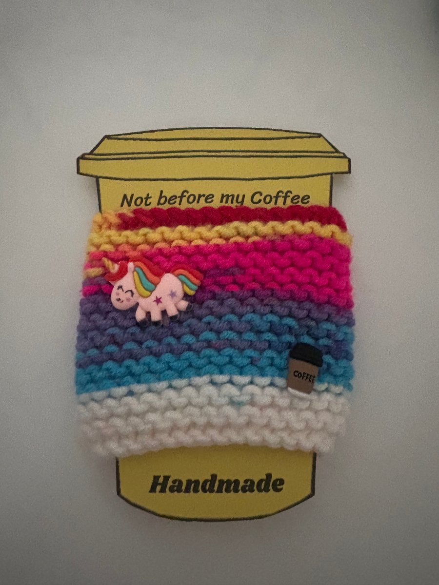 Unicorn knitted cup cosy. 