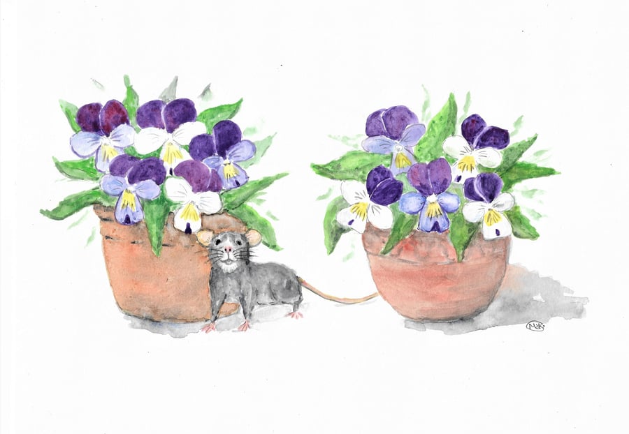 Little Fieldmouse and pots of Violet Flowers. Painting