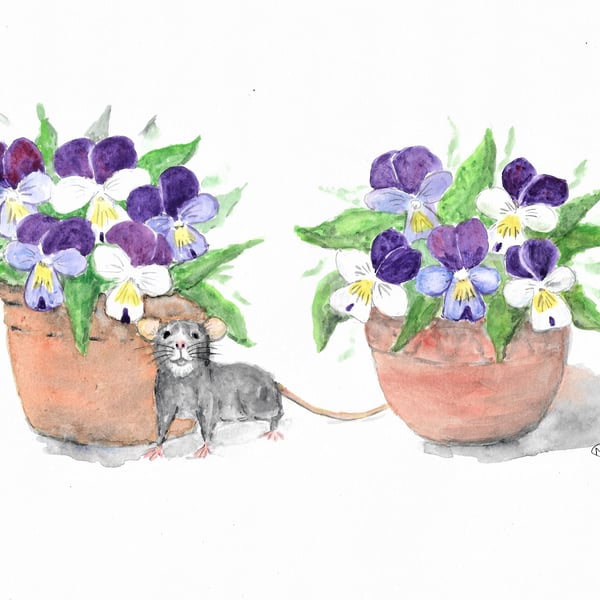 Little Fieldmouse and pots of Violet Flowers. Painting