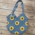 Handmade Sunflower Crochet Bag with Bee Charm - Silver Grey