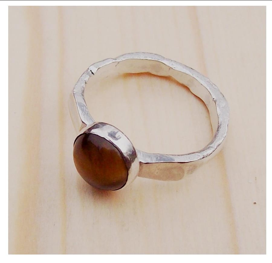 Tigers Eye Ring Sterling Silver Unisex Ring organic size W , Hallmarked Ring