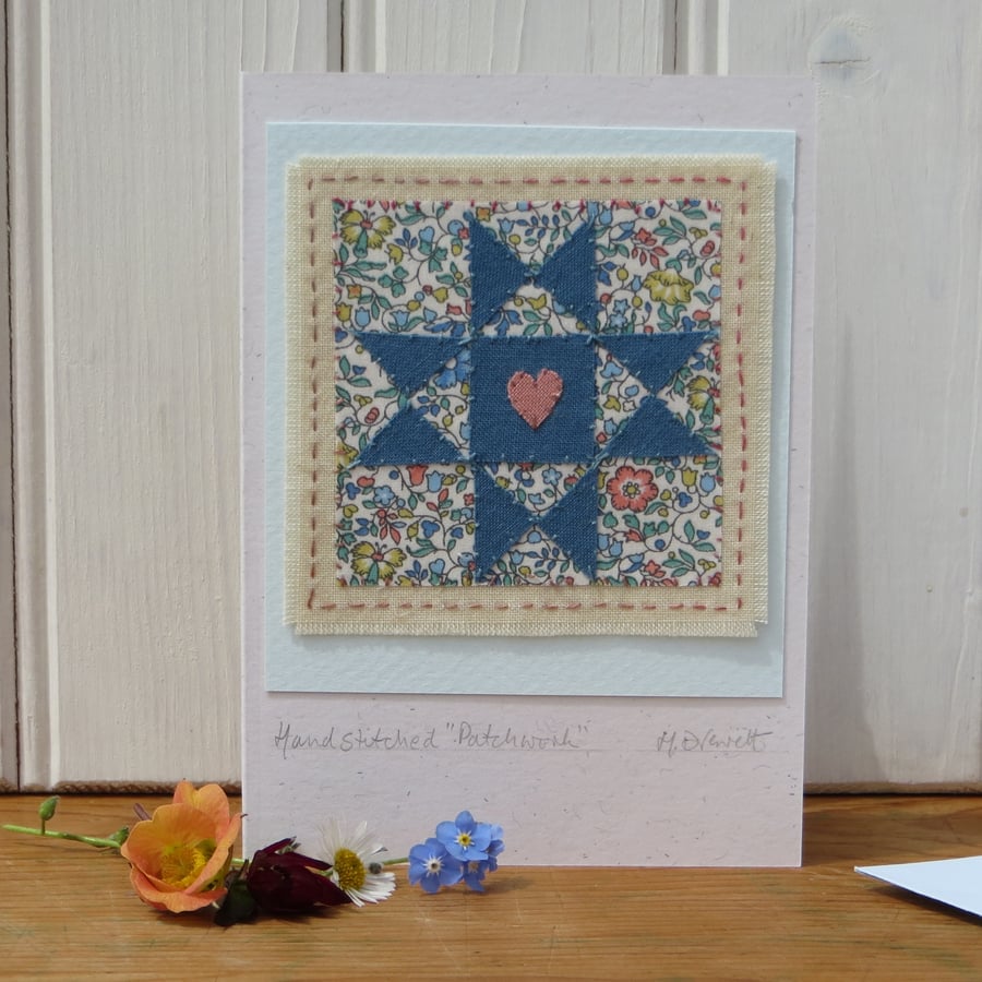 Hand-stitched 'patchwork' card, suitable for any occasion, Liberty fabric