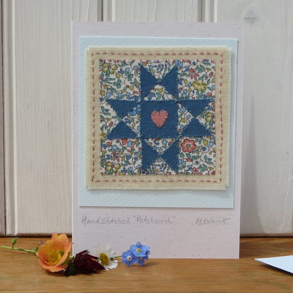 Hand-stitched 'patchwork' card, suitable for any occasion, Liberty fabric