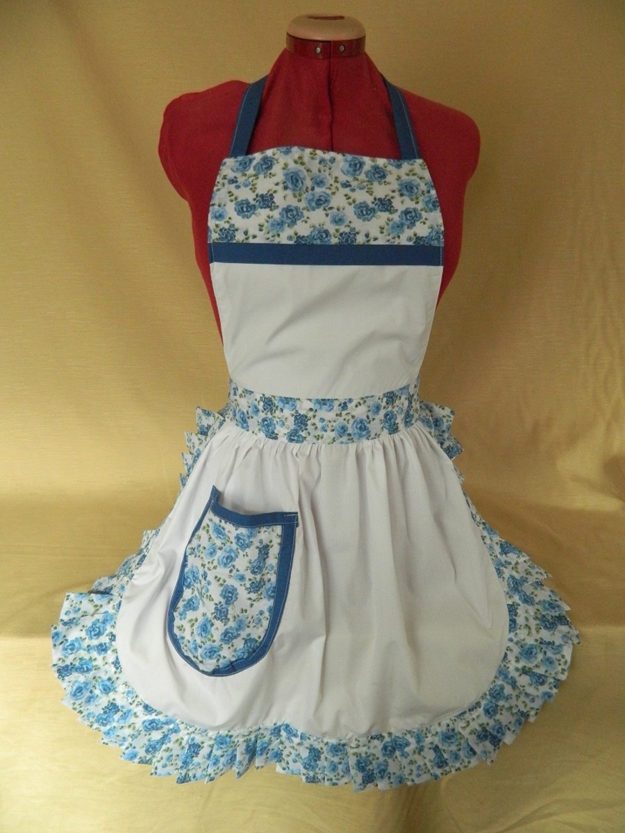 Vintage 50s Style Full Apron Pinny - White with Blue Roses