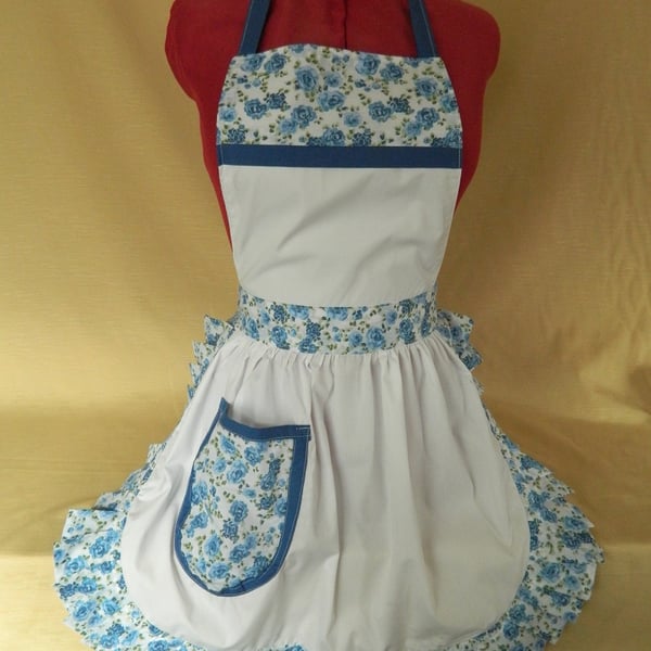 Vintage 50s Style Full Apron Pinny - White with Blue Roses