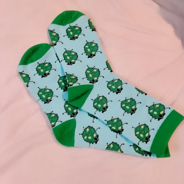 Quirky Sheep  green and blue Cotton Socks, Ladies size 4 to 8