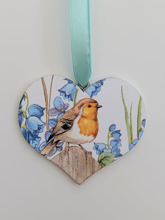 Robin and bluebells decoration, decoupaged wooden heart, gift for Mother's Day 