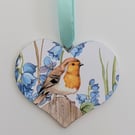 Robin and bluebells decoration, decoupaged wooden heart, gift for Mother's Day 