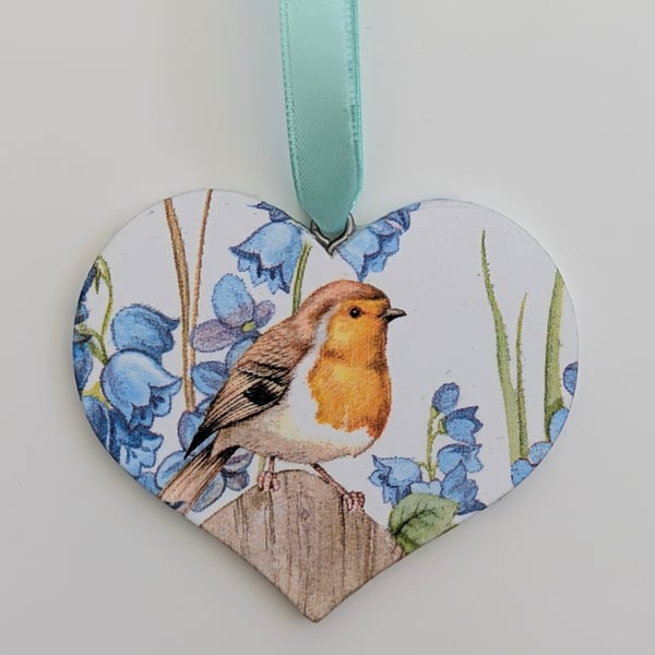 Robin and bluebells decoration, decoupaged wooden heart, gift for Mother's Day 