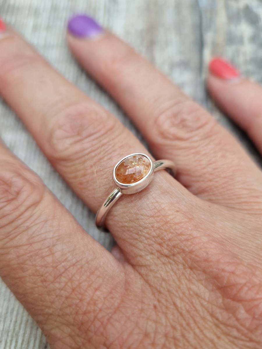 Sterling Silver Orange Sunstone Gemstone Ring - UK Size R