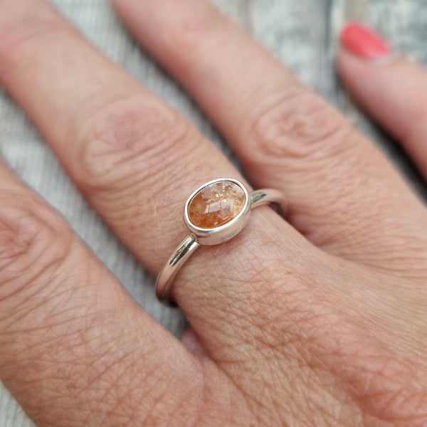 Sterling Silver Orange Sunstone Gemstone Ring - UK Size R