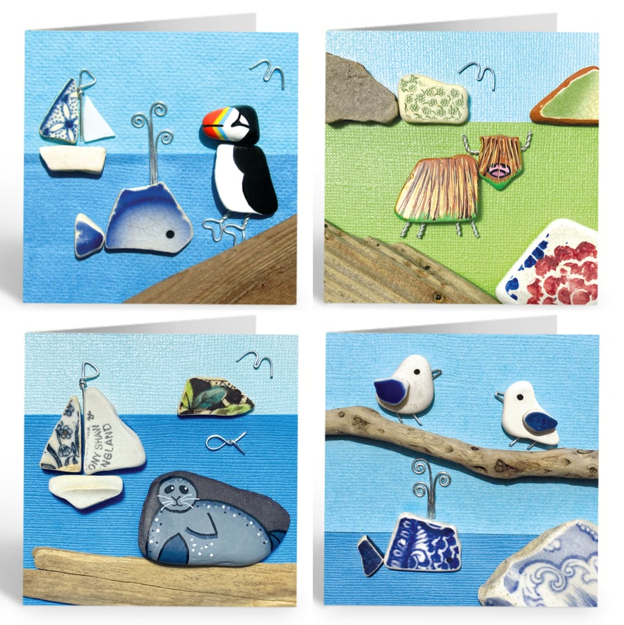 Greetings Cards (Pack of 4) Pebble Art. Puffin, Seagull, Highland Cow & Seal
