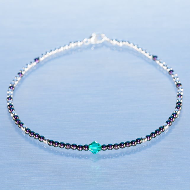 Bracelet dainty sterling silver & Swarovski glass pearl symmetric pattern 
