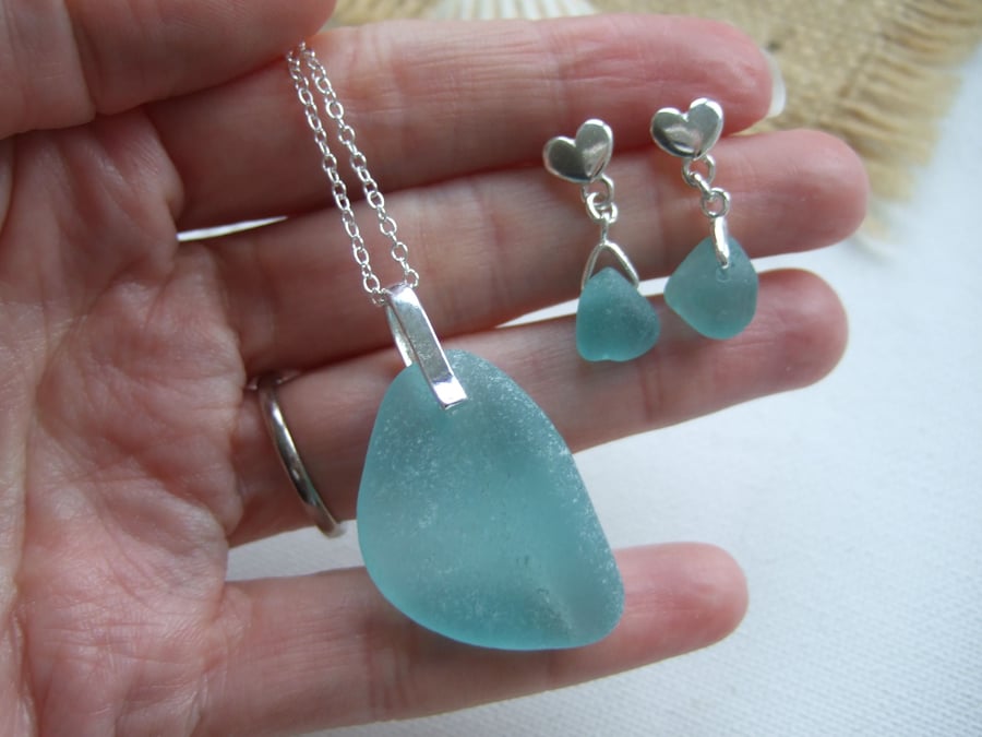 Sea glass jewellery set, teal beach glass necklace and earrings, heart design