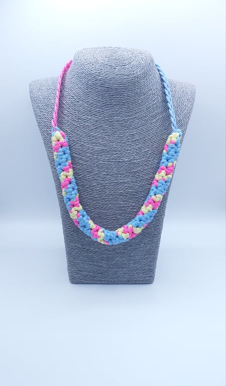 Crochet pink, yellow and blue statement necklace with chain