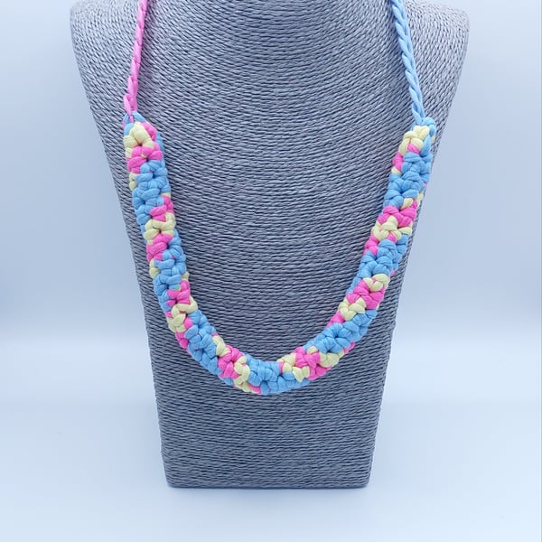 Crochet pink, yellow and blue statement necklace with chain