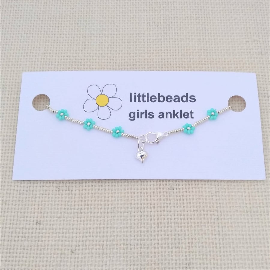 Turquoise and Silver Daisy Beaded Anklet